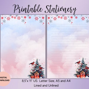 Sapin de Noël avec des oiseaux - Ensemble de papier à lettres imprimable Ornement de Noël A5/A4/US Letter avec lignes sans doublure-Scène d'hiver aquarelle