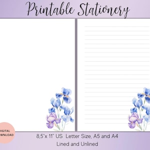May include: White printable stationery with blue and purple watercolor iris floral accents. The stationery is available in lined and unlined versions, with US Letter, A5, and A4 sizes. The words "Printable Stationery" are at the top.