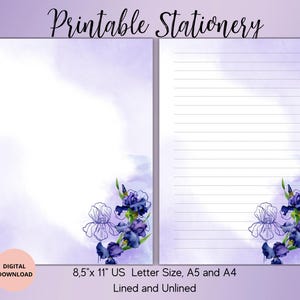 Papeterie imprimable Iris mauve-papier à lettres fleurs mauves sans doublure A4/A5/US Letter-Iris papier à lettres-papeterie florale
