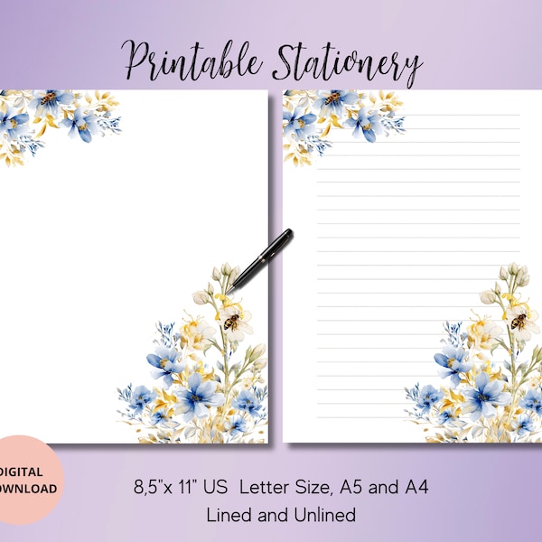 Flower Printable Stationery,Watercolor Floral Stationary,Digital Download,Printable Writing Paper Set Lined,UnlinedA4,A5 and 8.5x11 USLetter