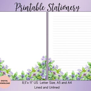 Papelería imprimible con hierbas y menta: juego de papeles para escribir de verano, sin rayas, con renglones, tamaño A4, A5 y carta de EE. UU., bonito papel para escribir de verano, papel para notas con motivos florales