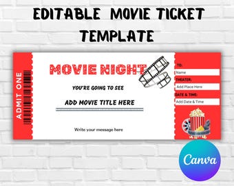 Billet modifiable pour une soirée cinéma - Bon de cinéma modifiable - Billet de cinéma personnalisé - Modèle de billet pour une soirée cinéma surprise - Billet modifiable - Billet cadeau