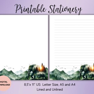 May include: Printable stationery featuring a watercolor illustration of an elephant and a baby elephant walking through a forest with mountains in the background. The stationery is available in 8.5" x 11" US Letter size, A5 and A4, and comes in lined and unlined options.