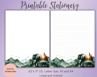Elephant Forest and Mountains Printable Stationery-Wildlife Writing Paper Set Unlined Lined A4/A5/US Letter-Digital Cute notepads