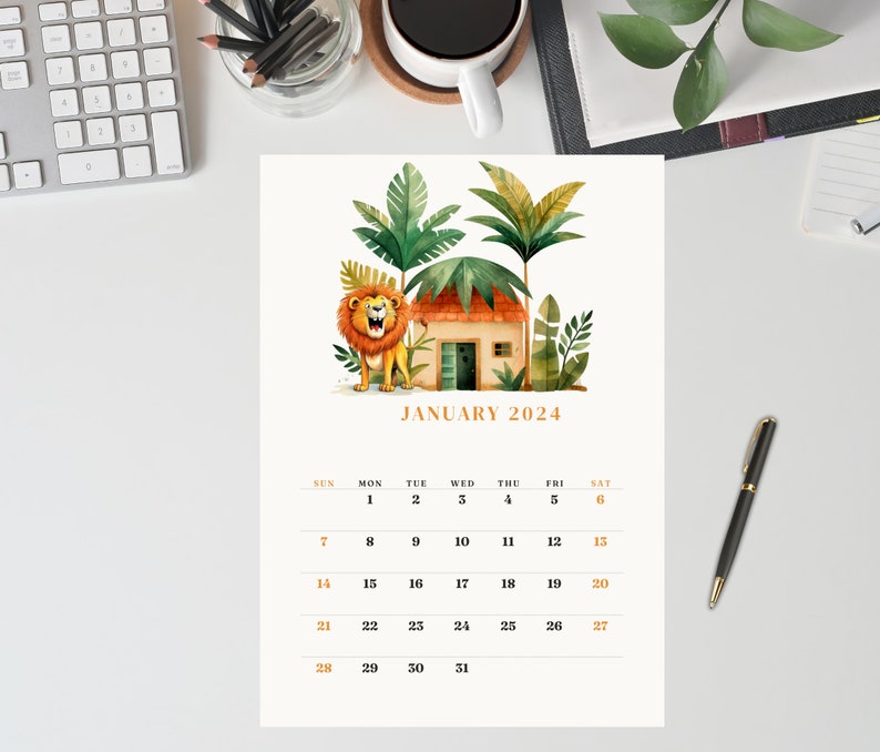 Safari Animal Printable 2024 Calendar-cute Kids School Homeschool Planner-sunday Start A4/letter ...