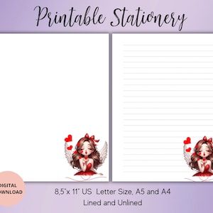Papelería imprimible Love Angel - Juego de papel para escribir para el día de San Valentín, con rayas, sin rayas, tamaño A5/A4/carta de EE. UU. - Papelería con forma de corazón - Papelería Love - Carta Love