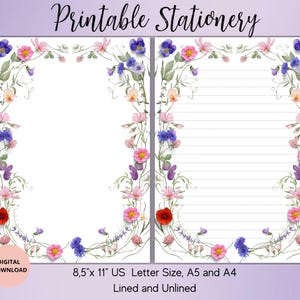 Papelería imprimible con diseño de flores silvestres: papel de escritura floral sin rayas, tamaño A4/A5/carta de EE. UU., papelería de verano para cartas y notas, papel de notas con diseño de flores.