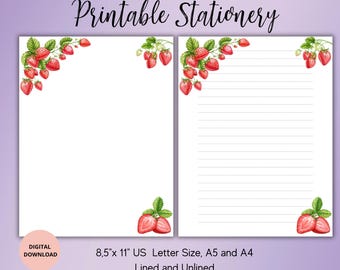 Strawberry stationary,Fruit Stationery,Digital Download,Writing Paper Designs,A4,A5 and 8.5x11US Letter PDF Writing Bundle Ministry Supplies