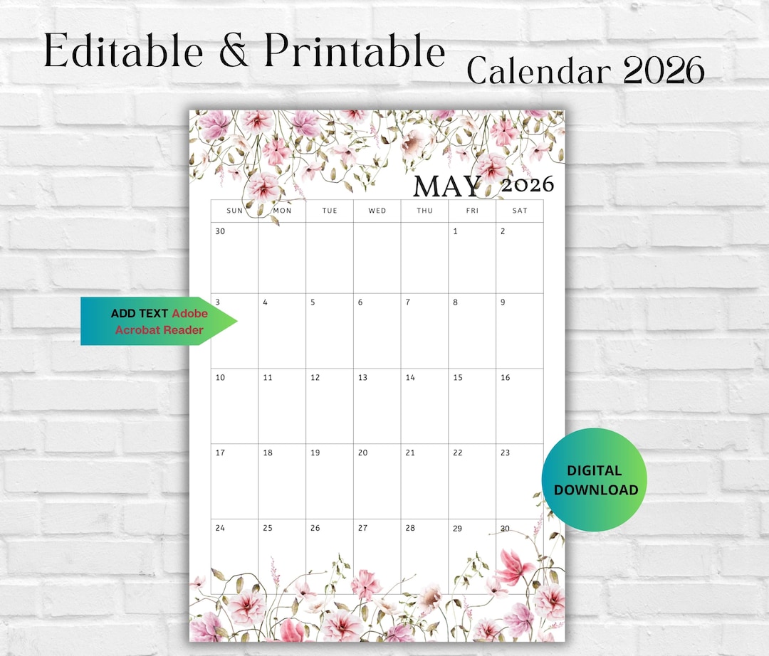 Calendario de mayo de 2026 editable - Planificador mensual imprimible ...