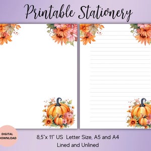 Papelería imprimible de calabaza, papelería de otoño, descarga digital, juego de papel para escribir imprimible, rayado, sin raya, tamaño A4, A5 y carta de EE. UU. de 8,5 x 11