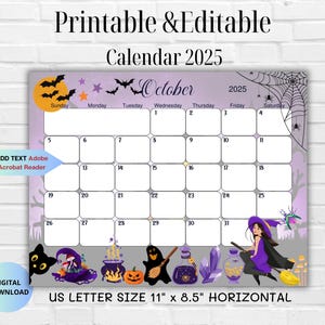EDITABLE October 2025 Calendar-Cute Spooky Witch Halloween 2025 Planner-Witch Printable Editable Calendar- Digital Monthly Planner