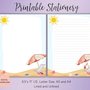 Peut inclure: Papeterie imprimable avec une scène de plage avec un parasol rouge et blanc, une chaise de plage et un cocktail. La papeterie est disponible en format lettre US 8,5 x 11 pouces, A5 et A4, et est disponible en version lignée et non lignée.