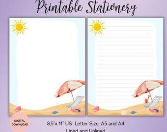 Summer beach Printable Stationery- Beach Printable Stationary-Letter Writing SetA5/A/US LETTER Lined Unlined Notepad Digital PDF/Festive
