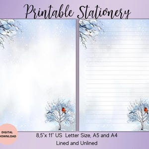 Könnte beinhalten: Druckbare Briefpapier mit einer Winterszene mit zwei Vögeln auf einem Ast. Das Design ist in den Formaten 8,5 x 11 Zoll US Letter, A5 und A4 erhältlich und umfasst sowohl linierte als auch unlinierte Optionen.