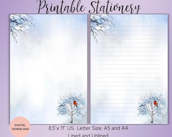 Winter Birds on Tree Printable Stationery/Festive /Winter Stationary/Snow Writing Paper Set Lined Unlined A4/A5/US Letter Instant Download