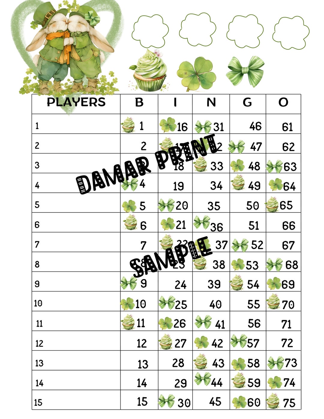 Bingo Boards Printablebingo Boards 115 Linesleprechaun Bunny