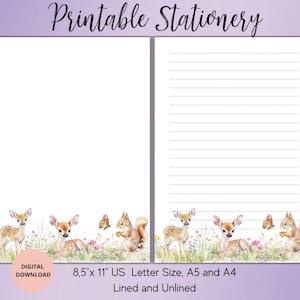 Papelaria para impressão de animais da floresta - Papel de carta com pautas e sem pautas A5/A4/EUA - Papel de carta com animais - Papel de carta para crianças