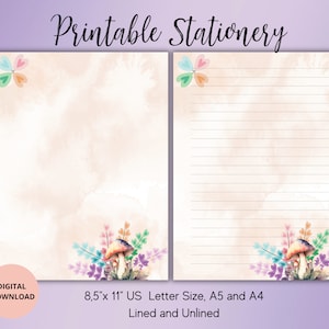 Papeterie à fleurs imprimable Champignons avec fleurs - Papeterie fleurie - Fournitures pour stylo et sans doublure A4/A5/US letter