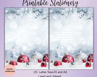 Winter Ornament Printable Stationery-Christmas Writing Paper Set A5/A4/US Letter Unlined Lined-Christmas Pen Pal Supplies