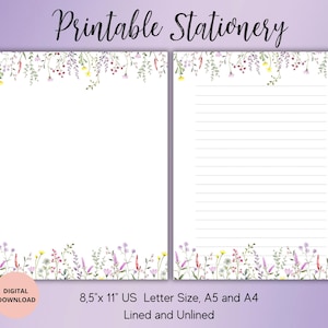 Conjunto de escrita de flores silvestres, papelaria para impressão de flores, conjunto de cartas de papel para escrever A4, A5, USLetter, download instantâneo, pautado sem pauta, carta botânica