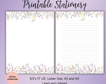 Wildflower Writing Set,Flower Printable Stationery,Writing Paper Letter  set A4,A5,USLetter,Instant Download,Lined Unlined,Botanical letter