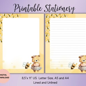 Pode incluir: Papelaria imprimível com um urso de desenho animado fofo usando um tutu e segurando uma flor, com uma abelha voando por perto. O design inclui um padrão de favo de mel e está disponível em versões com e sem linhas. O tamanho do papel é de 8,5 x 11 polegadas, tamanho carta dos EUA, A5 e A4.