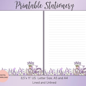 Lavendel Druckbares Briefpapier-Sommer Schreibpapier Set Liniert Unliniert A4/A5/US Letter-Blumen Briefpapier-Lavendel Briefpapier Set