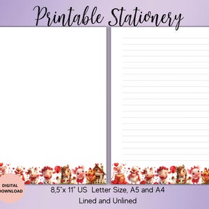 Valentine&#39;s Day Farm Animal Printable Stationery-Animal Writing Paper Set A4/A5/US Letter Lined Unlined-Farm Animal Penpal Supplies