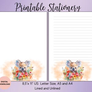 Papelería imprimible con forma de koala - Papelería bonita - Juego de papel para escribir para niños con líneas y sin líneas, tamaño A4/A5/carta de EE. UU. - Papel para notas con descarga digital - Suministros para amigos por correspondencia