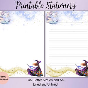 May include: Printable stationery featuring a watercolor design with a crescent moon, clouds, and a witch. The stationery is available in US Letter, A5, and A4 sizes, lined and unlined. The words "Printable Stationery" are at the top.