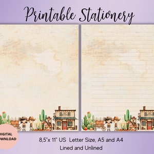 Papelería imprimible del Salvaje Oeste-Cowboys Western Penpal Supplies-Cute Cowboys Writing Paper Set A4/A5/US Carta sin forro forrado-Lindo estacionario