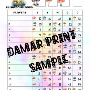 Mushrooms Bingo Boards 75 ball-1-15 Line Bingo Board  1-75 Balls Straight-Digital Print Bingo Game