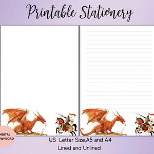 Peut inclure: Papeterie imprimable sur le thème de la fantaisie. Le design présente une illustration à l'aquarelle d'un dragon rouge et d'un chevalier à cheval. La papeterie est disponible en formats US Letter, A5 et A4, lignée et non lignée.