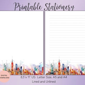 New York Printable Stationery-Colorful City Writing Paper Unlined Lined A5/A4/US Letter-New York Journal Pages-New York  Notepad