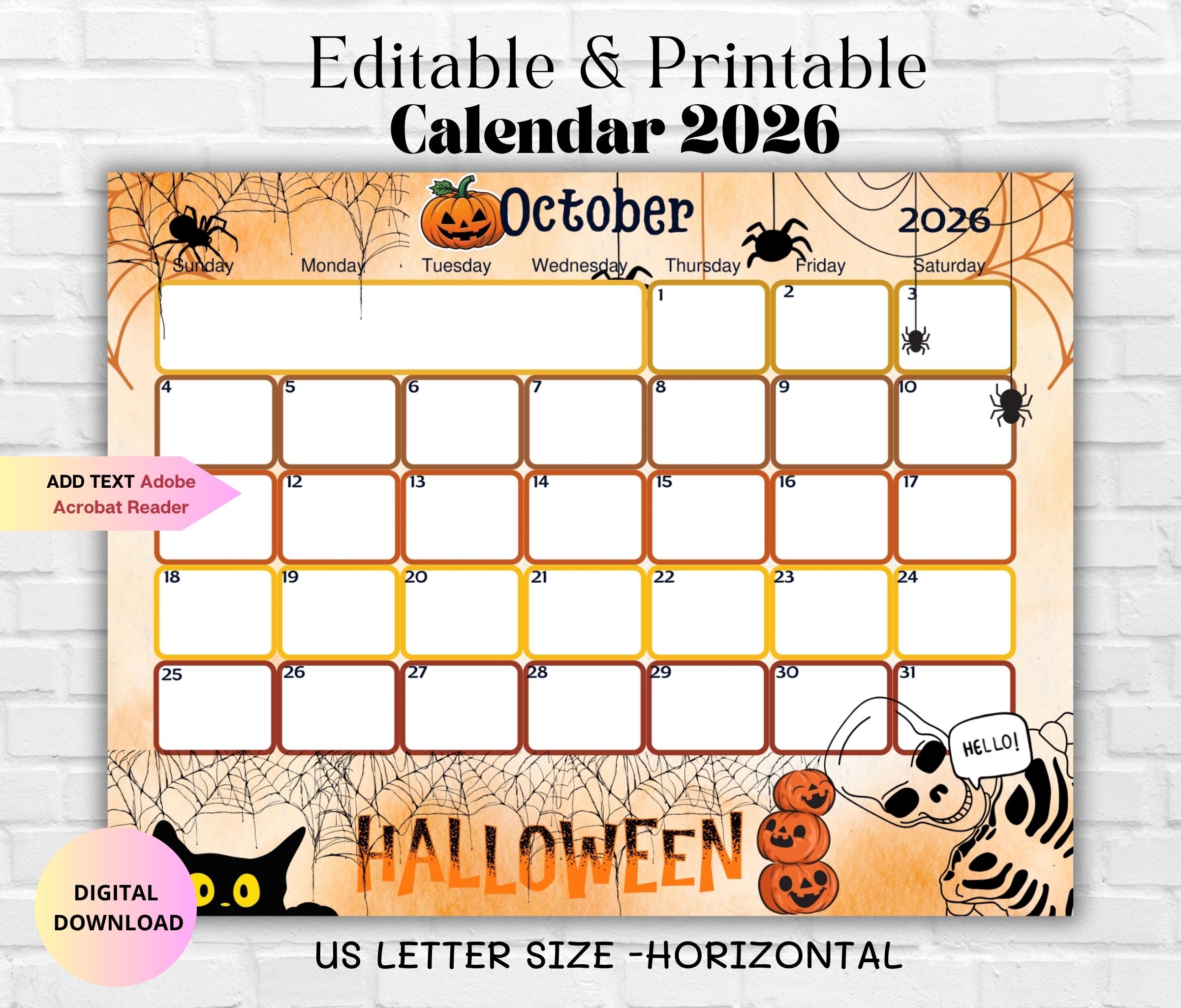 Editable Printable October 2026 Calendar-cute Spooky Halloween 2026
