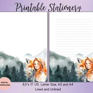 Printable stationary Girl With Fox Watercolor Trees Printable Stationery Letter Writing SetA5/A/US LETTER Lined Unlined Notepad Digital PDF