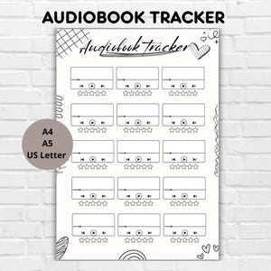 Könnte beinhalten: Ein cremefarbener Hörbuch-Tracker mit dem Text "AUDIOBOOK TRACKER" oben. Das Design umfasst Kästchen mit Wiedergabetasten und Sternebewertungen zur Verfolgung des Hörfortschritts. Erhältlich in A4, A5 und US Letter Größen.