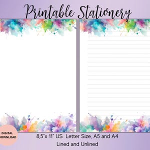 Aquarell druckbares Briefpapier Set-Aquarell druckbares Schreibpapier Liniert,Unliniert A4,A5,US Letter-Instant Download-Niedliches Notizpapier