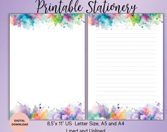 Watercolor Printable Stationery Set-Watercolor Printable Writing Paper Lined,Unlined A4,A5,US Letter-Instant Download-Cute notepaper
