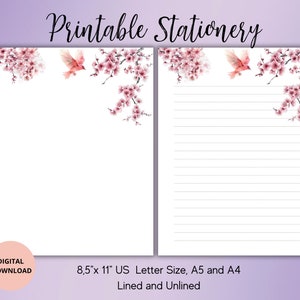 Puede incluir: Papelería blanca con ilustraciones florales y de pájaros rosas. La parte superior de las páginas presenta flores de cerezo rosas y un pájaro rojo. El texto "Printable Stationery" está en la parte superior. El papel está disponible en tamaño US Letter 21,6 cm x 27,9 cm, A5 y A4, con y sin líneas.
