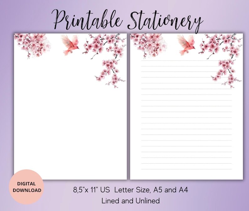 Cherry Blossom and Bird Printable Sationery-sakura Writing Paper Set ...