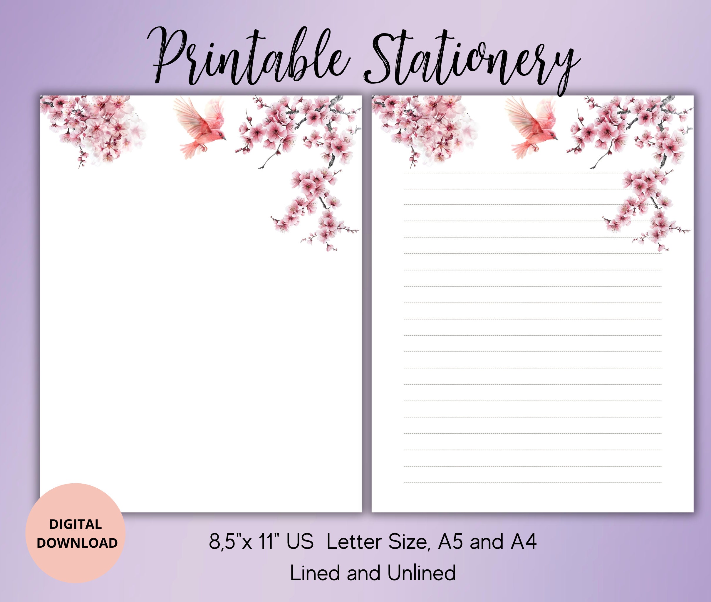 Cherry Blossom and Bird Printable Sationery-Sakura Writing Paper set Unlined lined A5/A4/US Letter-Japanese Stationery Set