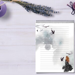 Gothic Girl Raven Schrijven Set-Crow Afdrukbaar Briefpapier-Vogel Schrijven Papier Letter Set A4/A5/US Letter Instant Download Ongevoerd Gevoerd afbeelding 4