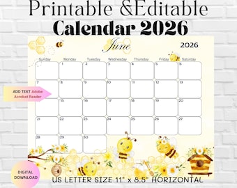 Calendario imprimible y editable de junio de 2026 - Planificador mensual Bee Honey 2026 - Calendario para aula/familia rellenable - Descarga instantánea - Planificador de verano