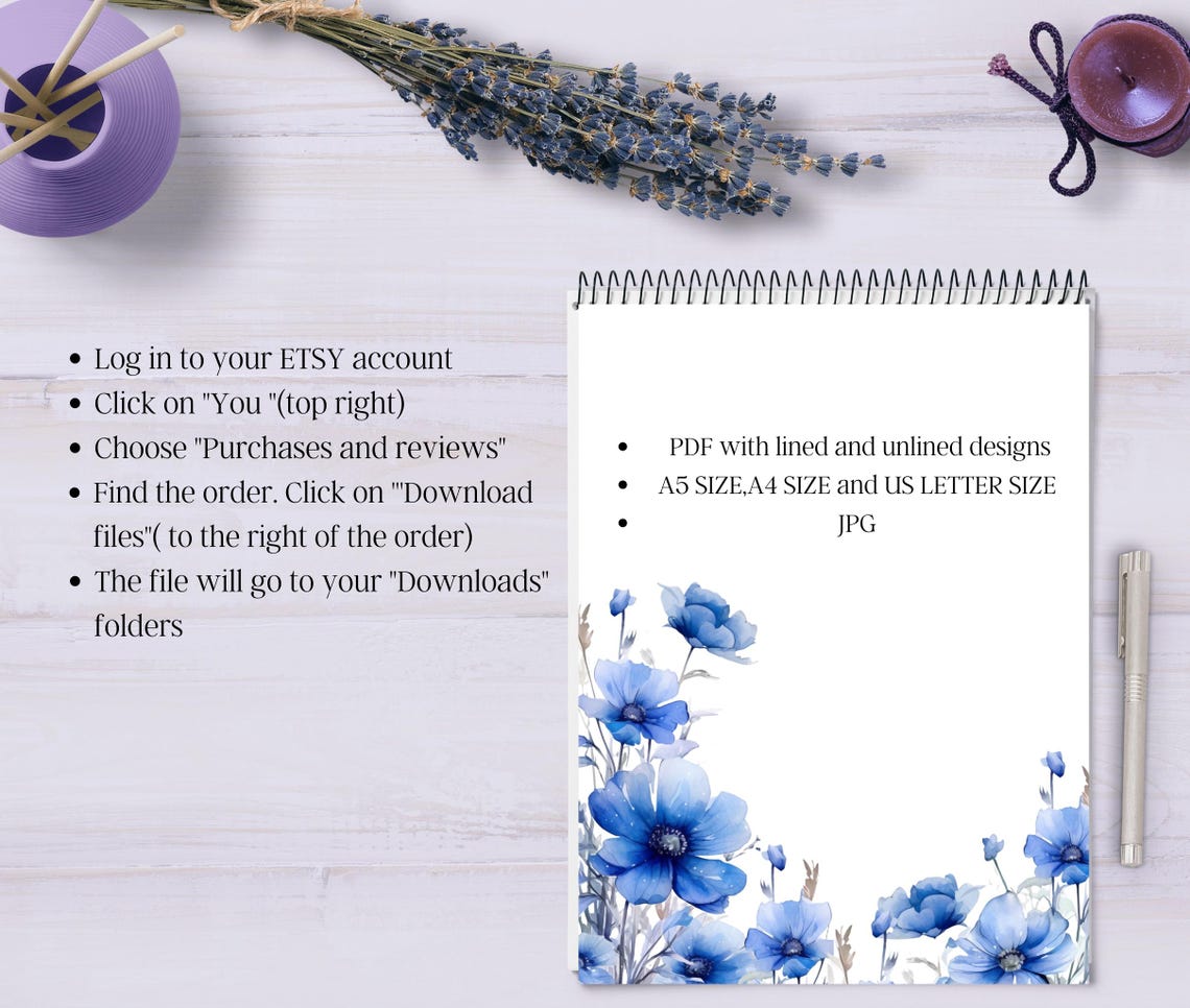 Blue Flower Printable Stationery-watercolor Flower Stationary-digital ...