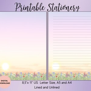 Sommer Sonnenuntergang Druckbares Briefpapier-Wildblumen Schreibpapier Liniert Unliniert A5/A4/US Letter-Digitales Briefpapier-Sommer Briefpapier
