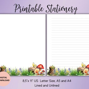 Ensemble de papier à lettres imprimable Forest Glade - Champignons - Papeterie florale Sans doublure A4/A5/US Letter - Woodland Stationery