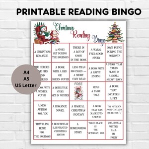 Puede incluir: Juego de Bingo de lectura navideña imprimible con un diseño festivo. La tarjeta de bingo presenta una cuadrícula con varias indicaciones de lectura, incluyendo "Una historia de amor navideña" y "Una historia ambientada durante las vacaciones". La tarjeta está disponible en tamaños A4, A5 y US Letter.