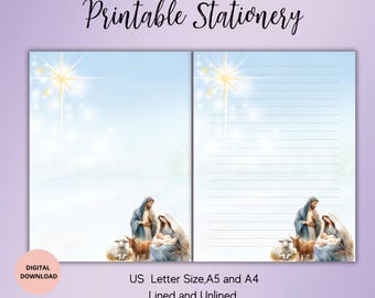Papelería imprimible navideña - Juego de papel para escribir navideño, religioso, cristiano, de la Natividad, tamaño A5/A4/carta de EE. UU., rayado, sin rayar, para amigos por correspondencia de invierno