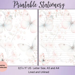 Papelería imprimible de mariposas con flores - Papel de carta con flores, rayado, sin raya, tamaño A5/A4/US, papel de notas digital con flores, carta botánica